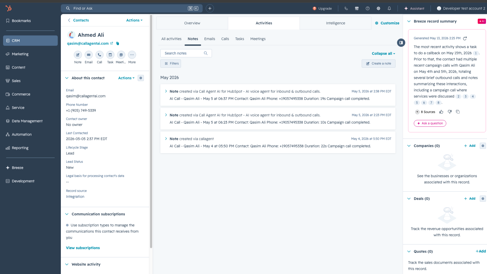 Notes created after a customer calls by callagent ai in Hubspot