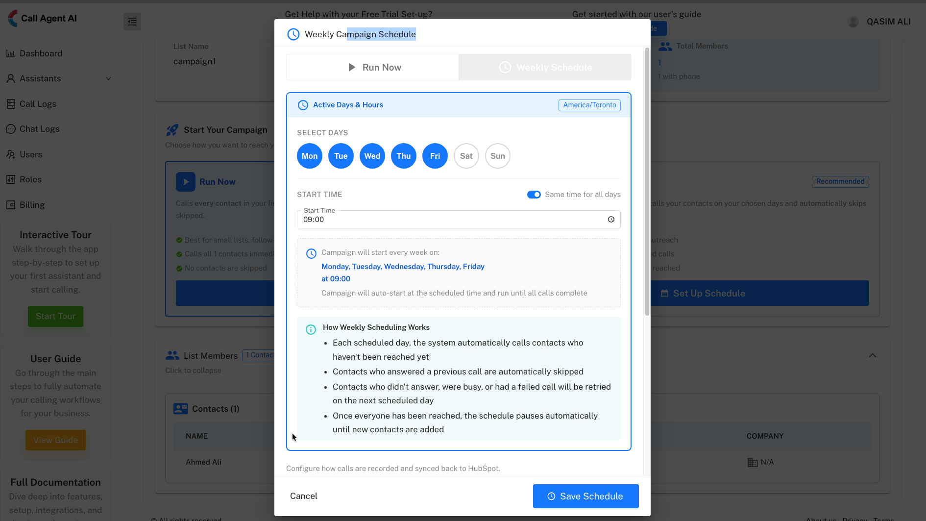 Outbound campaign builder pulling a HubSpot Contact list, with AI call dispositions logged automatically